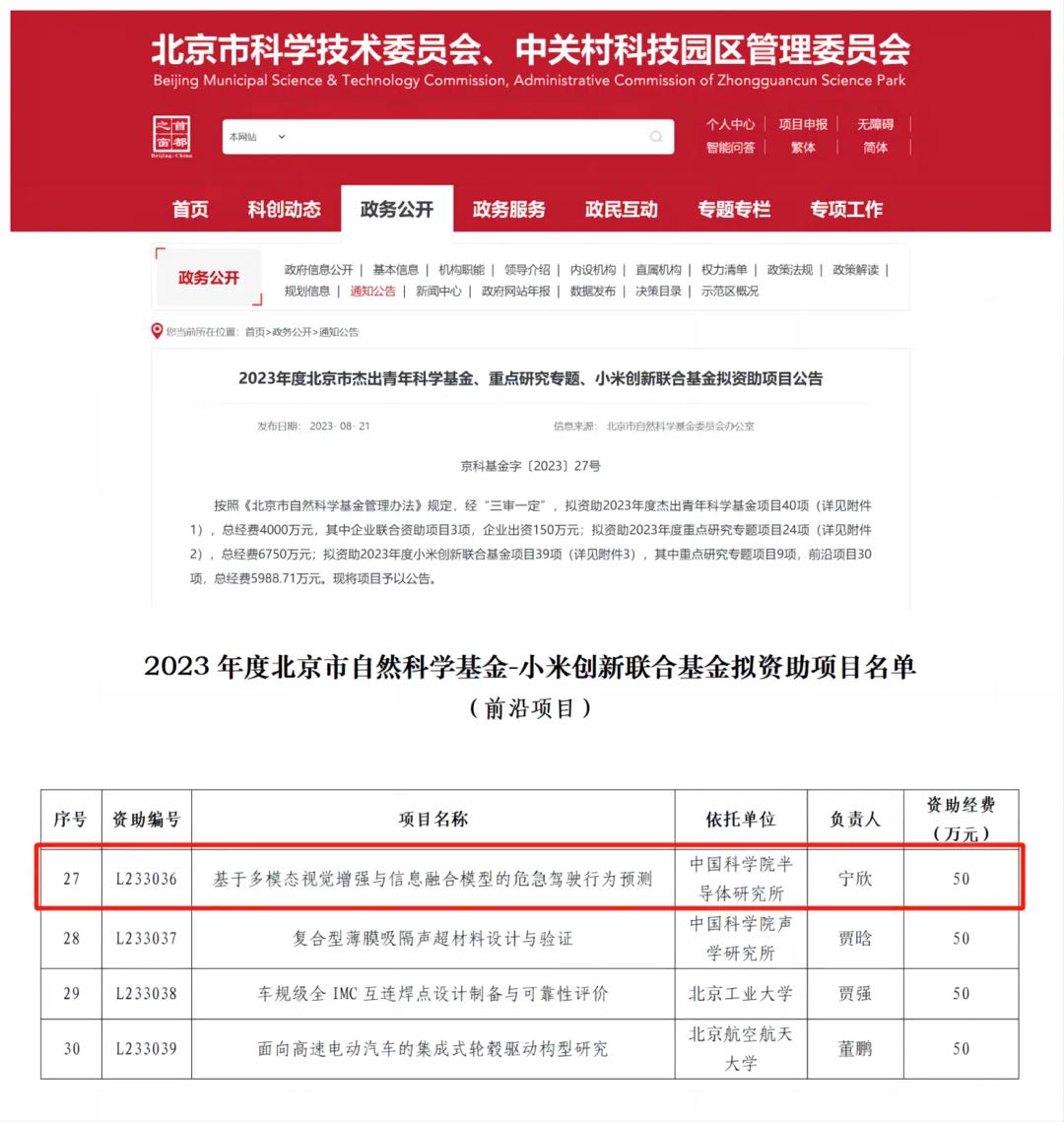 喜报｜中科睿途通过2023年度北京市自然科学基金-小米创新联合基金拟资助项目